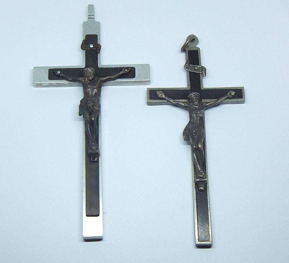 Two large detailed vintage metal crucifixes inlayed with wood