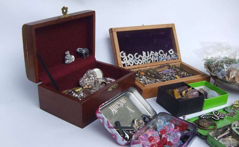A joblot of jewelry crafting and other spares in a vintage wooden box and other vintage holders
