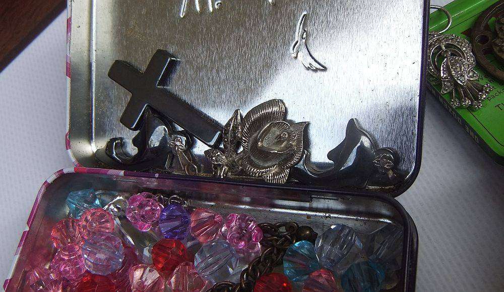 A joblot of jewelry crafting and other spares in a vintage wooden box and other vintage holders