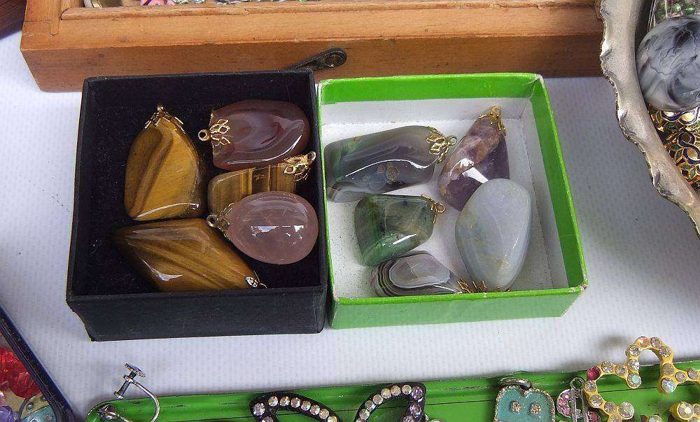 A joblot of jewelry crafting and other spares in a vintage wooden box and other vintage holders
