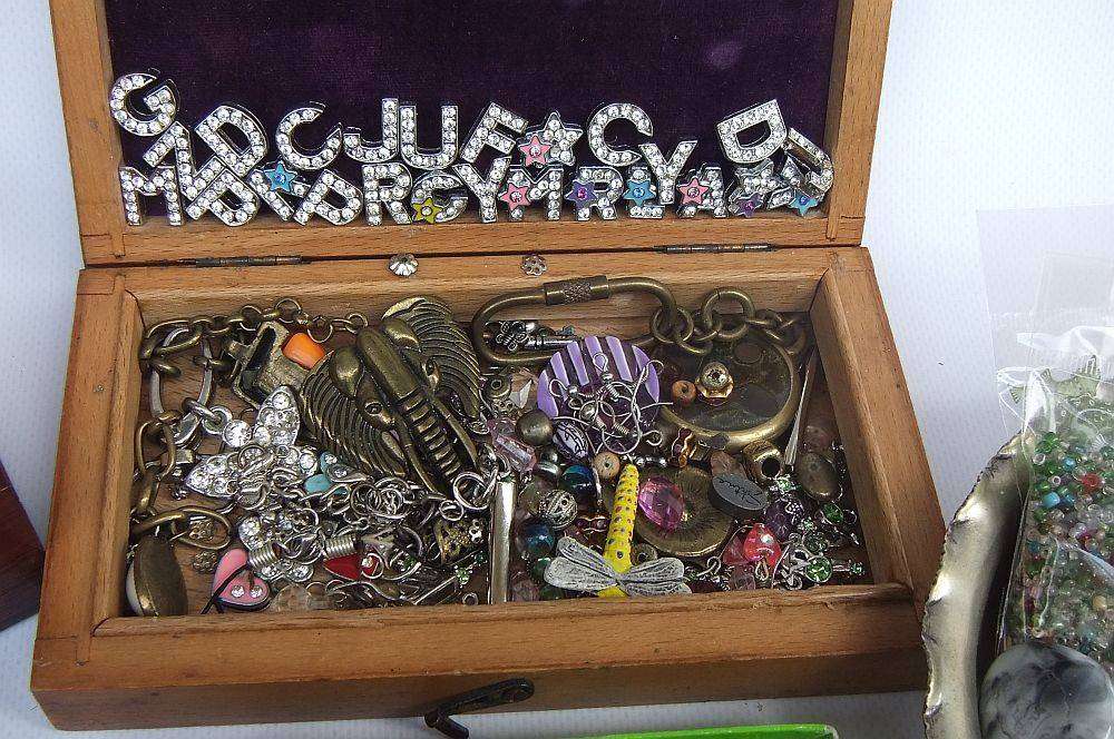 A joblot of jewelry crafting and other spares in a vintage wooden box and other vintage holders