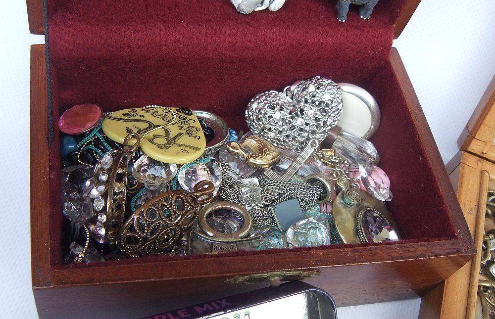 A joblot of jewelry crafting and other spares in a vintage wooden box and other vintage holders