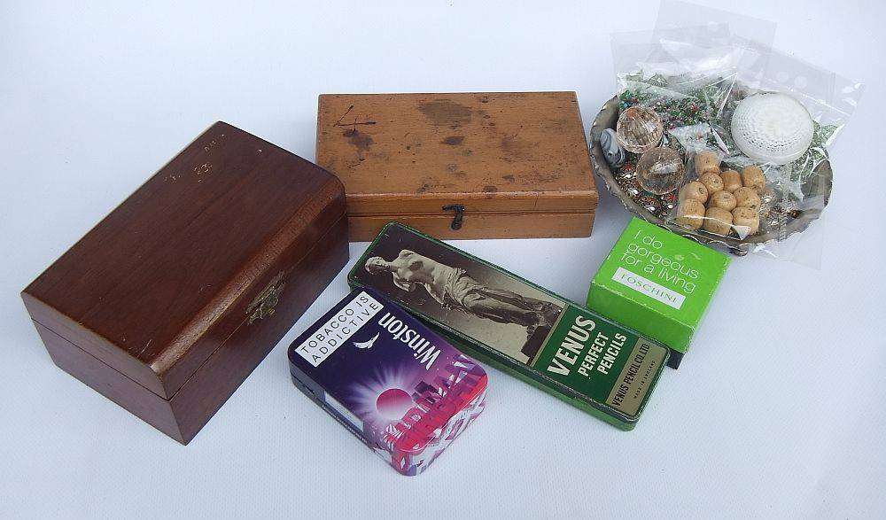 A joblot of jewelry crafting and other spares in a vintage wooden box and other vintage holders