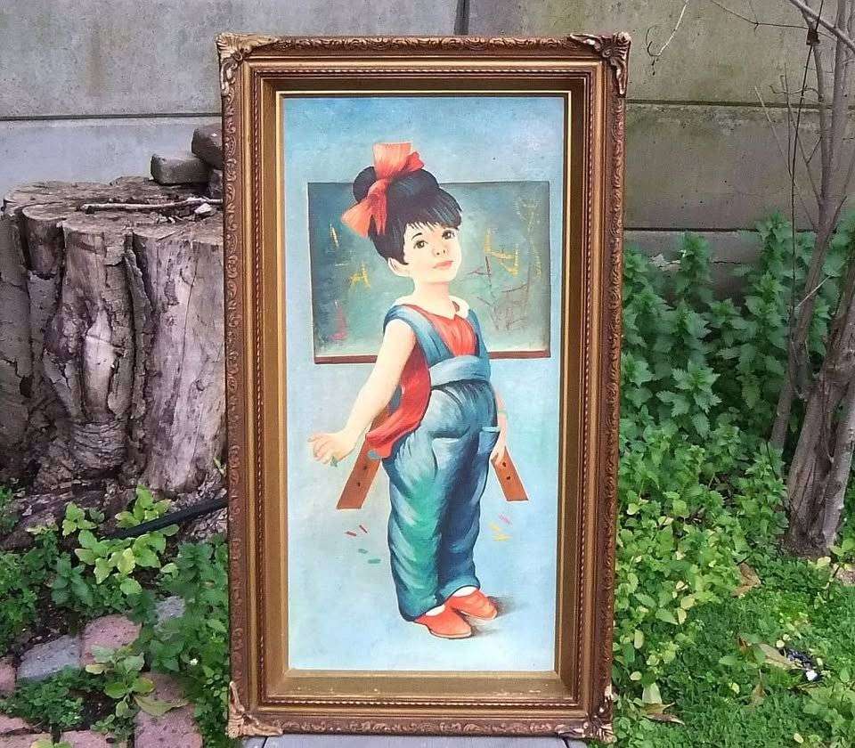 A beautiful vintage original oil on board painting of a young girl in an exquisite old frame