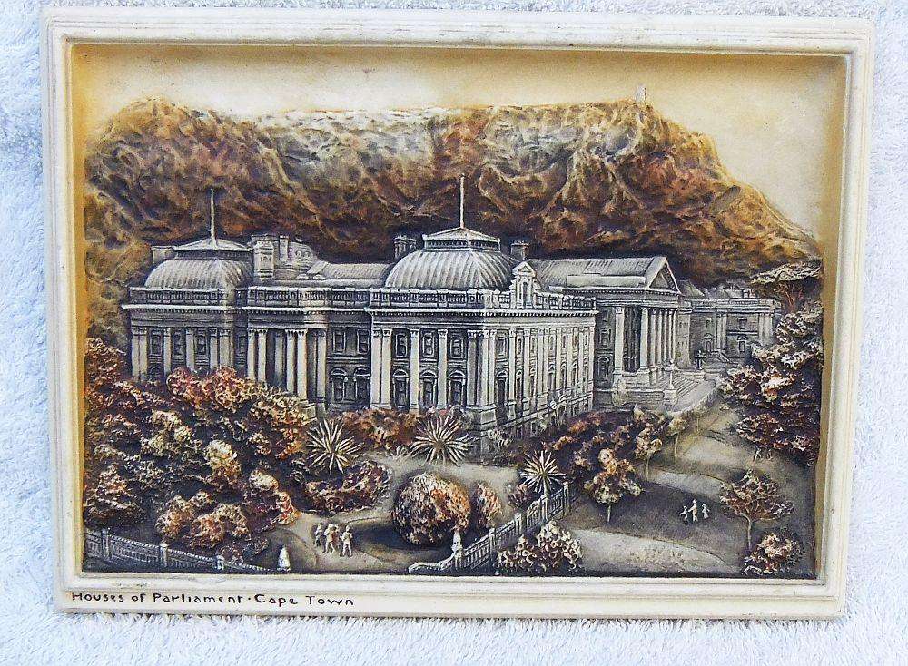 An early 20th century Ivorex plaque depicting the houses of parliament in Cape Town