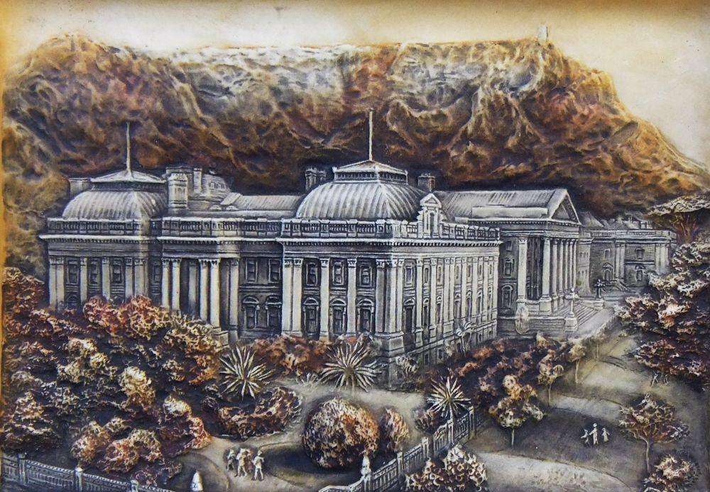 An early 20th century Ivorex plaque depicting the houses of parliament in Cape Town