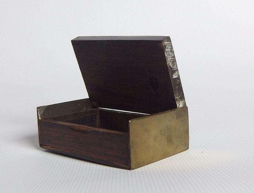A vintage brass bell with wooden handle and wooden box with brass fittings and inlay