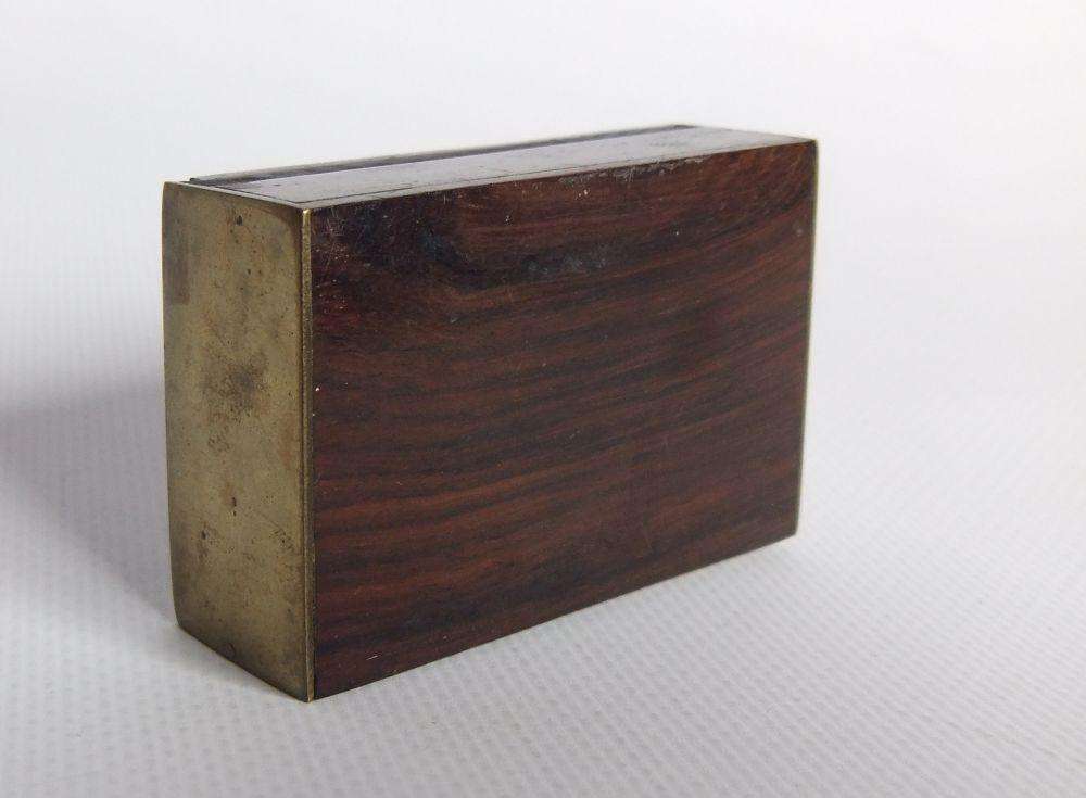 A vintage brass bell with wooden handle and wooden box with brass fittings and inlay