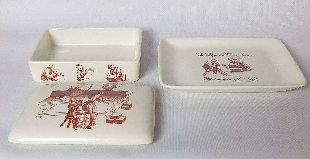 A vintage lidded porcelain cheese or butter dish by Wedgwood England depicting papermakers