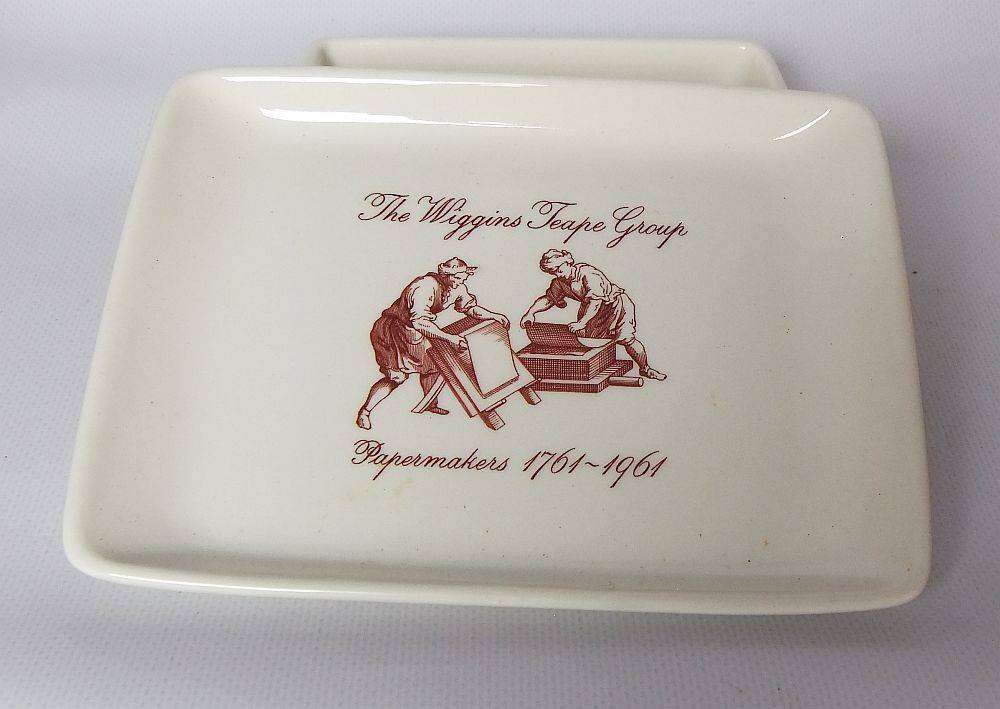 A vintage lidded porcelain cheese or butter dish by Wedgwood England depicting papermakers