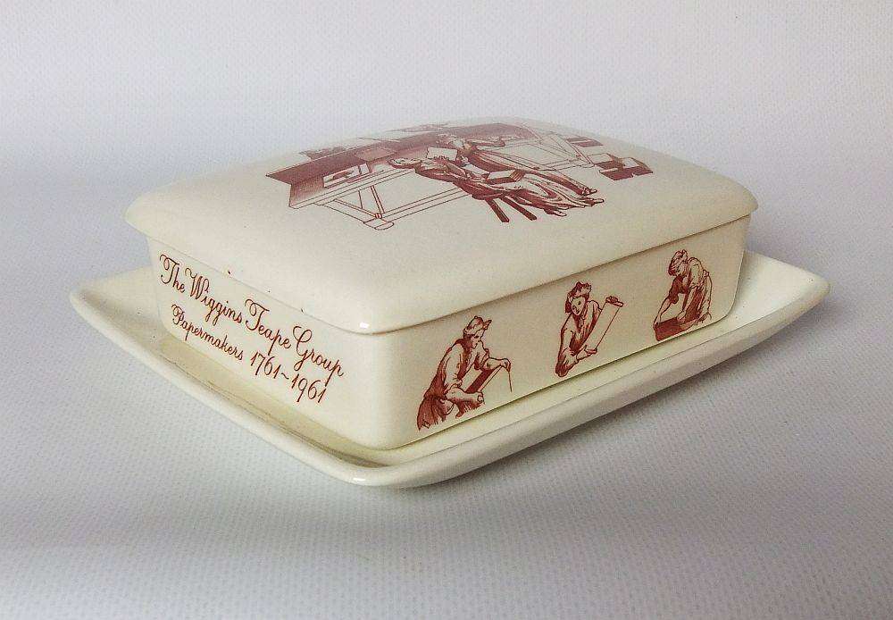 A vintage lidded porcelain cheese or butter dish by Wedgwood England depicting papermakers