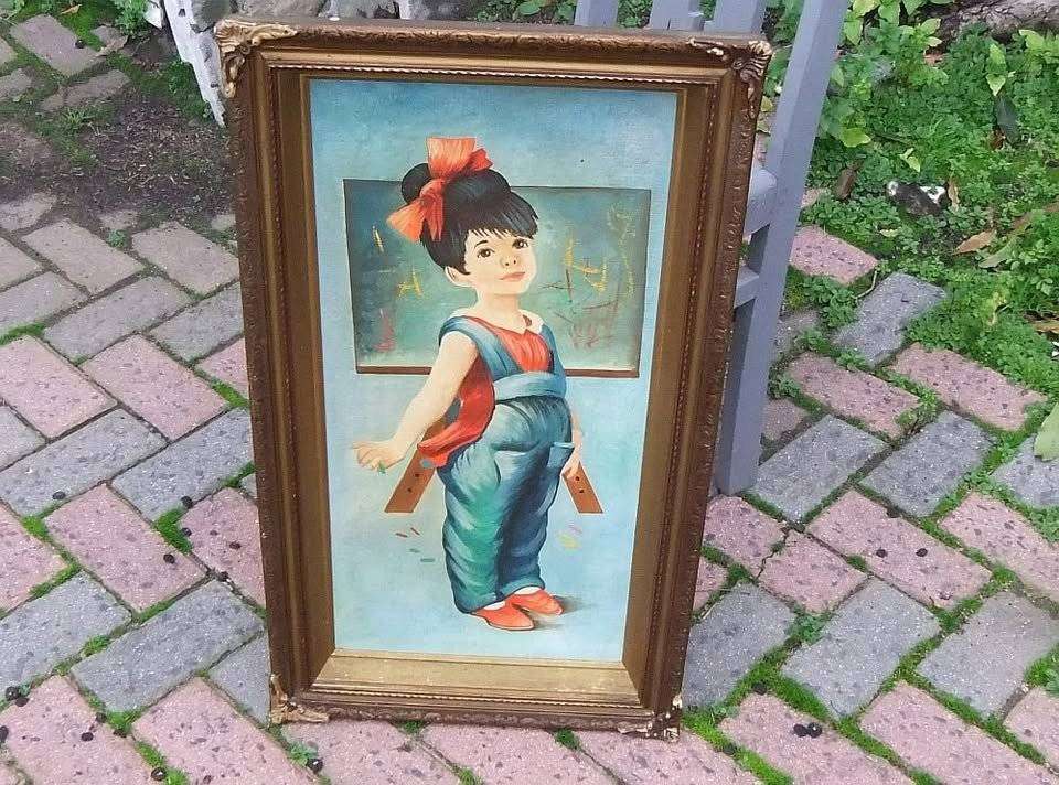 A beautiful vintage original oil on board painting of a young girl in an exquisite old frame