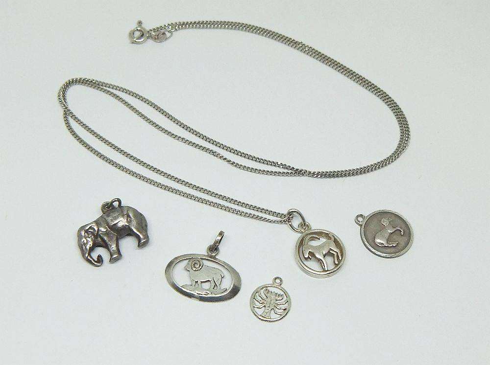 A long sterling silver necklace with a variety of 835 silver and sterling silver pendants or charms