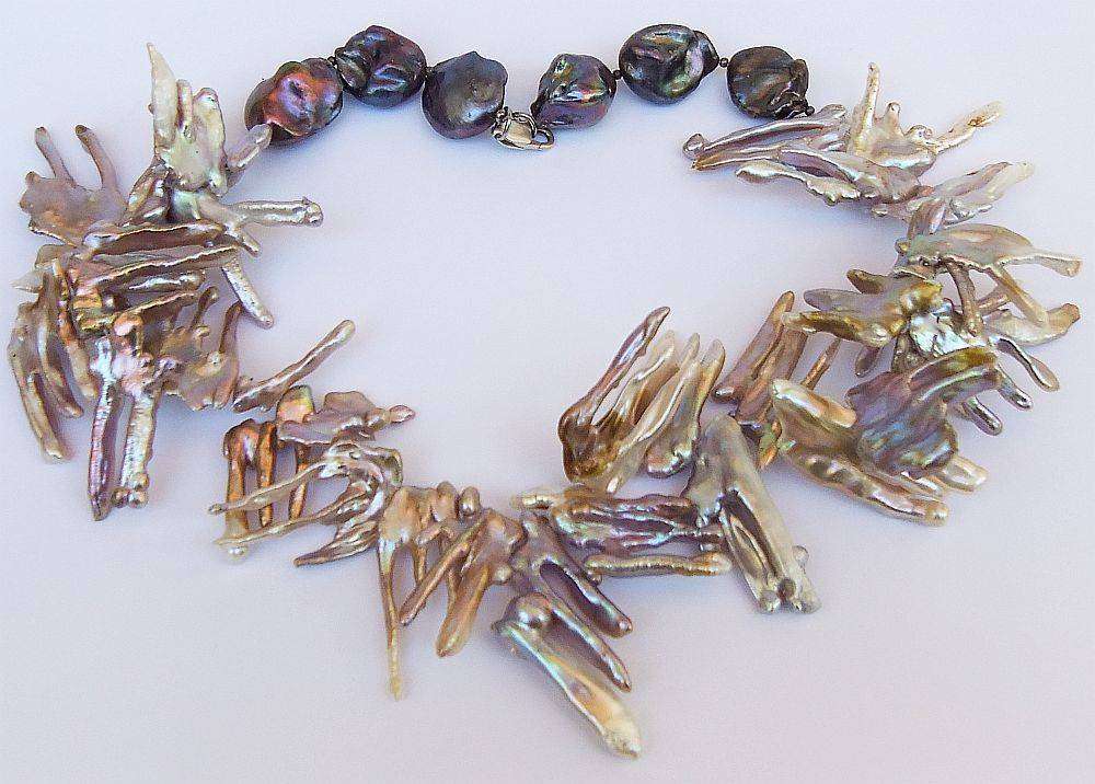 A unique Baroque chicken feet Pearl and Baroque Peacock pearl necklace with sterling silver clasp