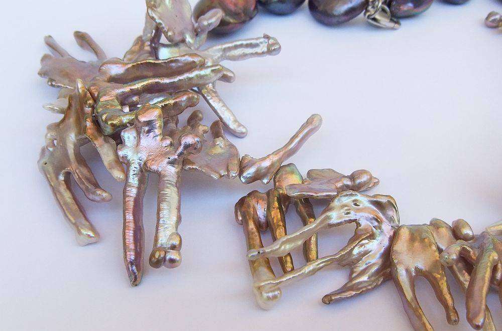 A unique Baroque chicken feet Pearl and Baroque Peacock pearl necklace with sterling silver clasp