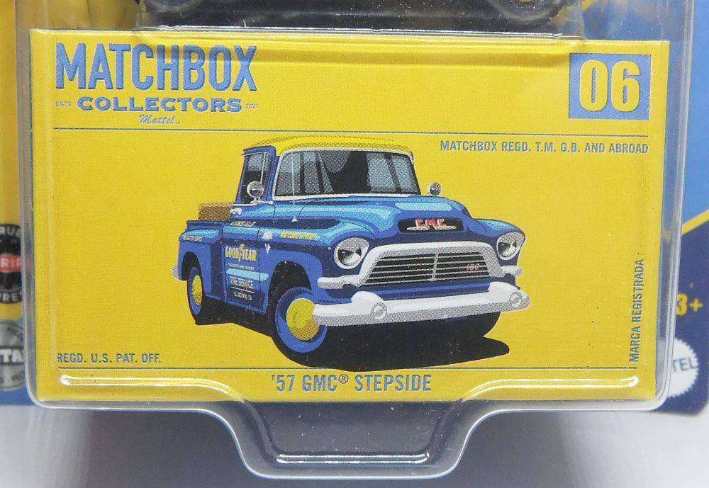 A sealed 1:64 scale Matchbox die cast metal model of the 1957 GMC Stepside