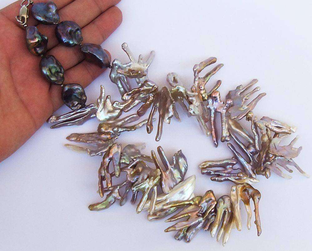 A unique Baroque chicken feet Pearl and Baroque Peacock pearl necklace with sterling silver clasp