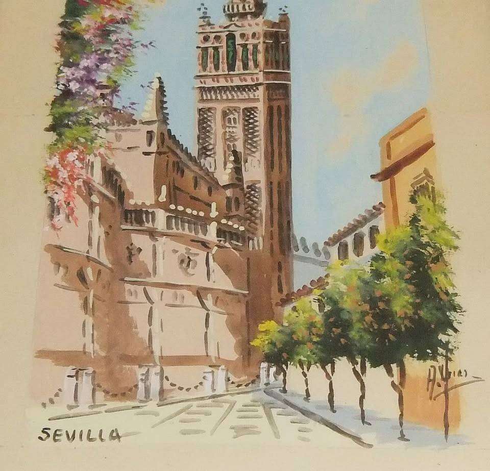 An original mid century watercolour titled Sevilla by Antonio Uria Monzon - Collection only