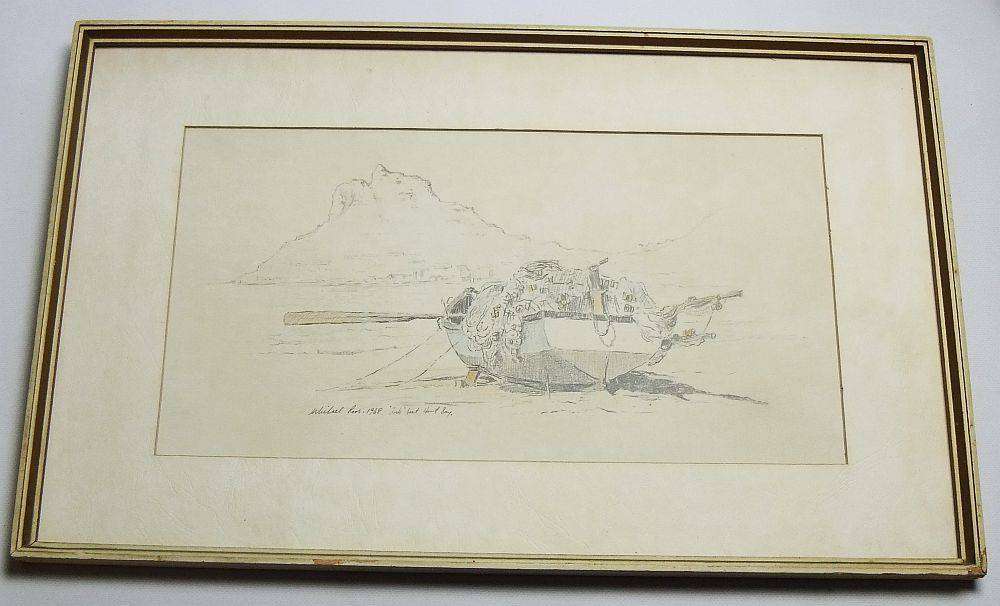 An original sketch by listed SA artist Michael Roos of a "trek" boat in Hout Bay dated 1968
