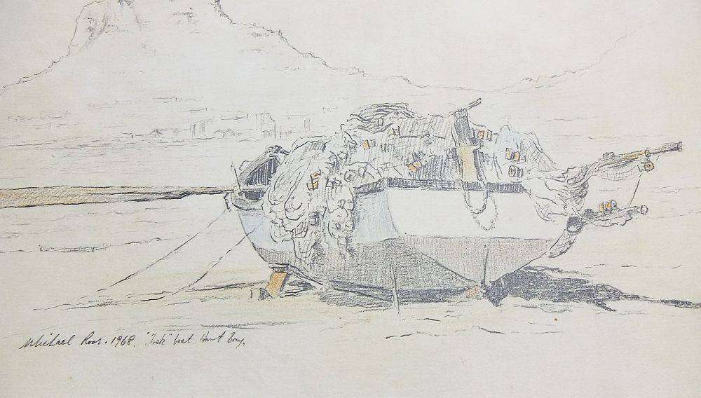 An original sketch by listed SA artist Michael Roos of a "trek" boat in Hout Bay dated 1968