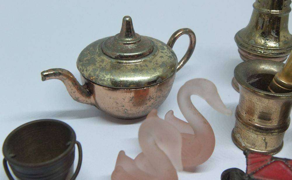 Vintage miniature lot - Stone tortoise and frog , glass swans , brass mortar and pestles and more