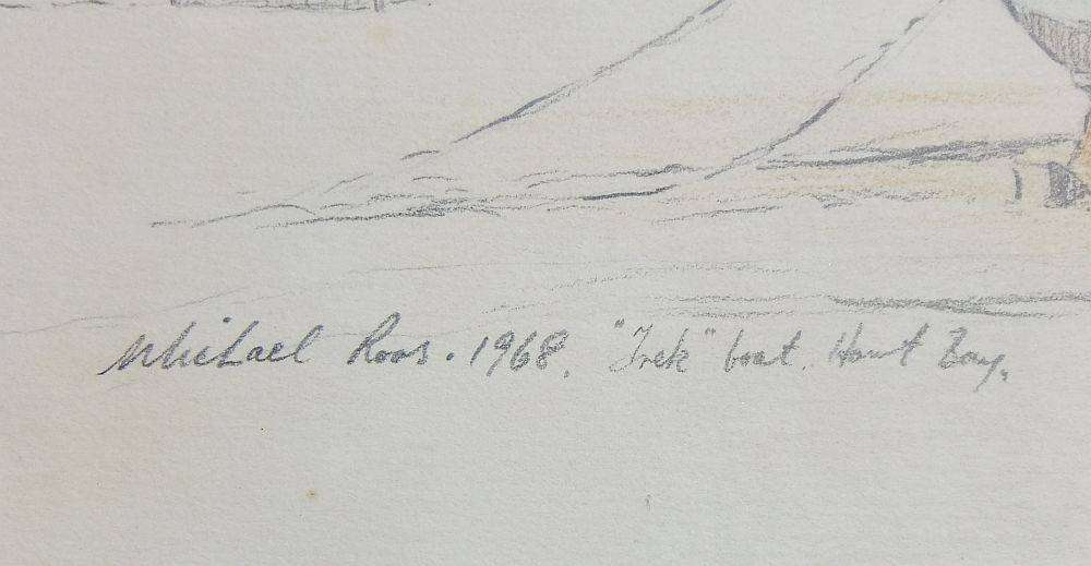 An original sketch by listed SA artist Michael Roos of a "trek" boat in Hout Bay dated 1968
