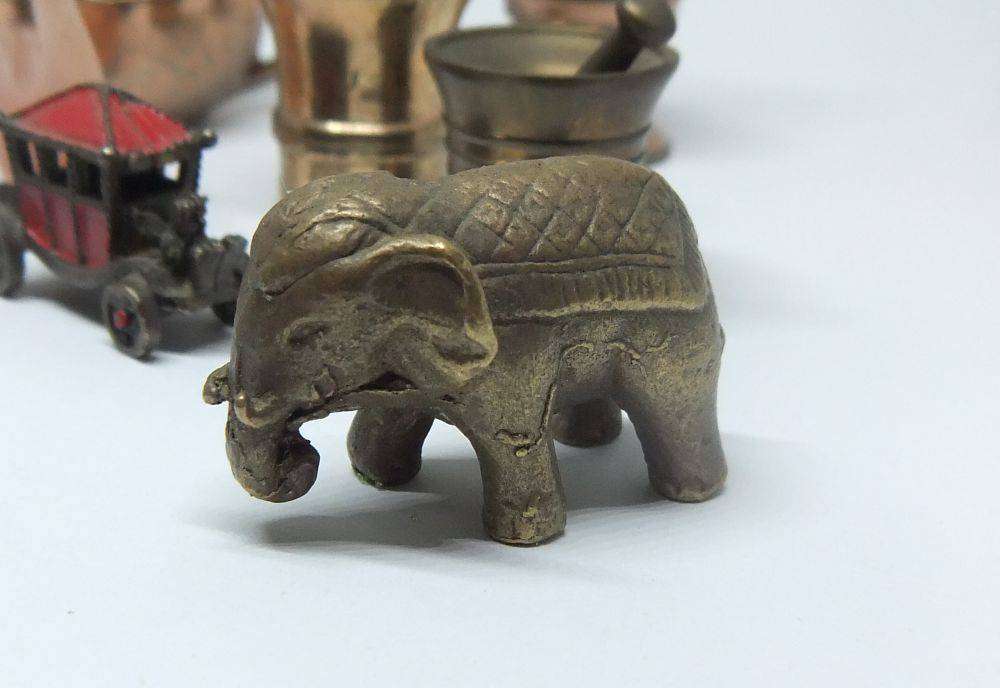 Vintage miniature lot - Stone tortoise and frog , glass swans , brass mortar and pestles and more