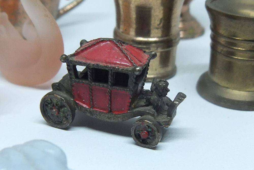 Vintage miniature lot - Stone tortoise and frog , glass swans , brass mortar and pestles and more