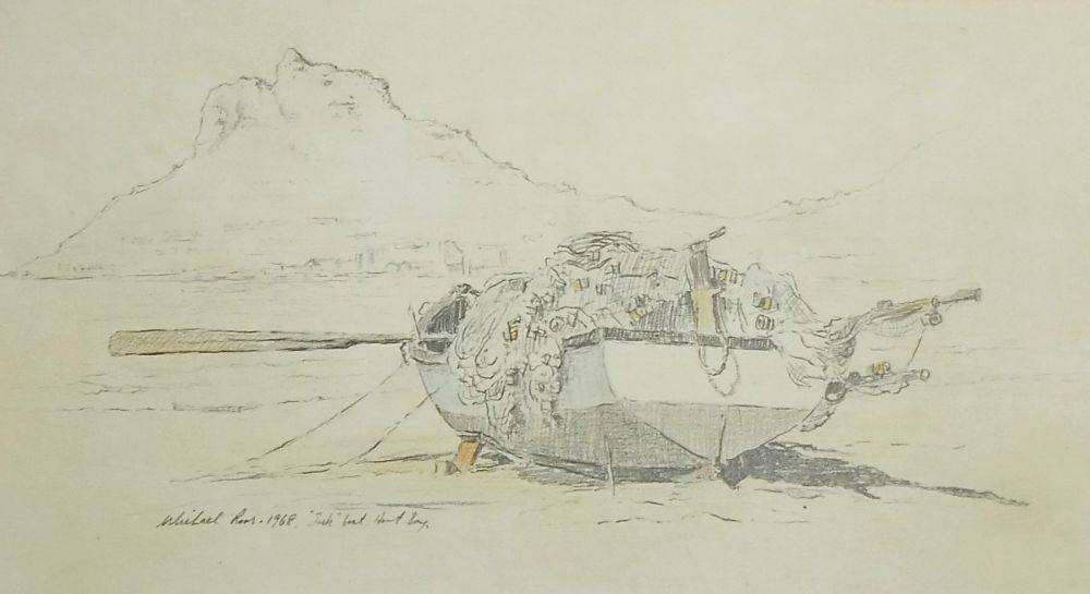 An original sketch by listed SA artist Michael Roos of a "trek" boat in Hout Bay dated 1968