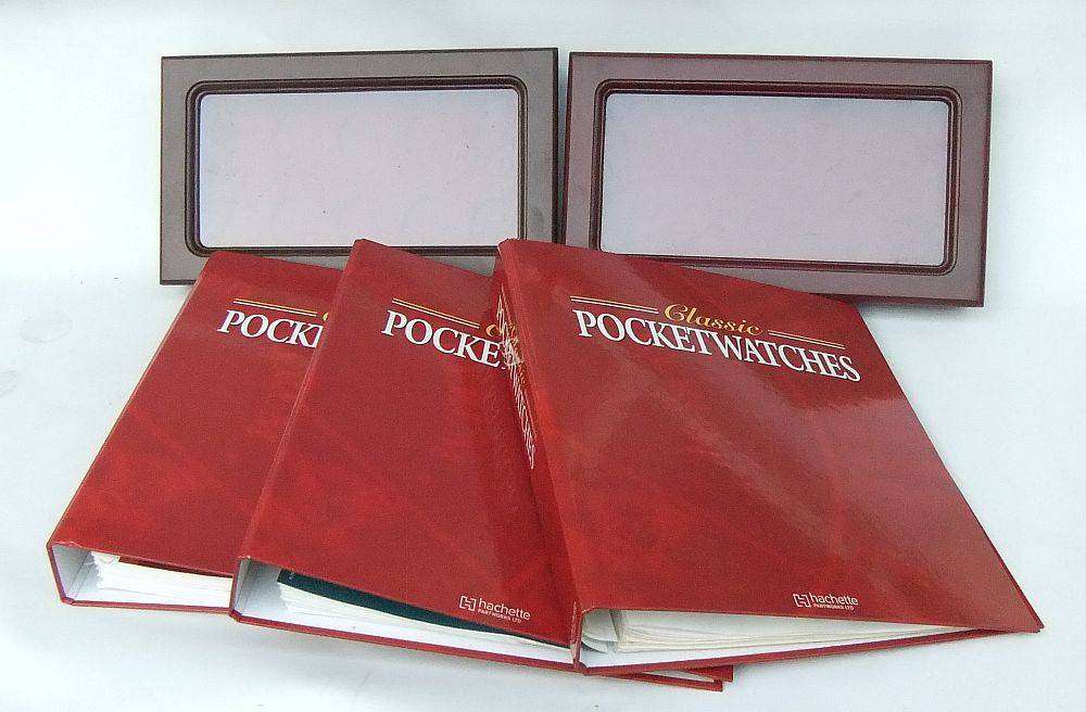 Three files with loads of info on pocket watches & clocks plus two cases to display your collection