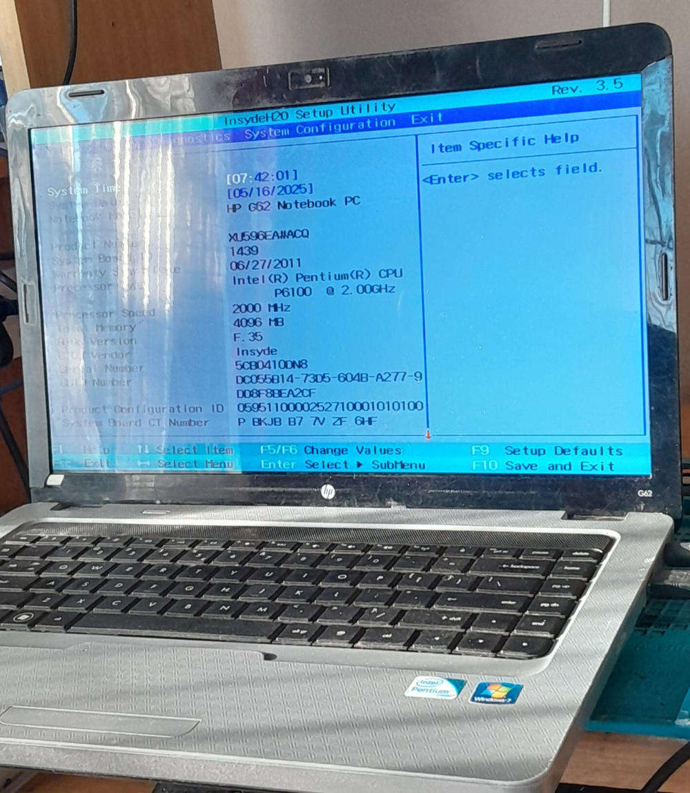 Hp laptop G62 selling as is working not tested