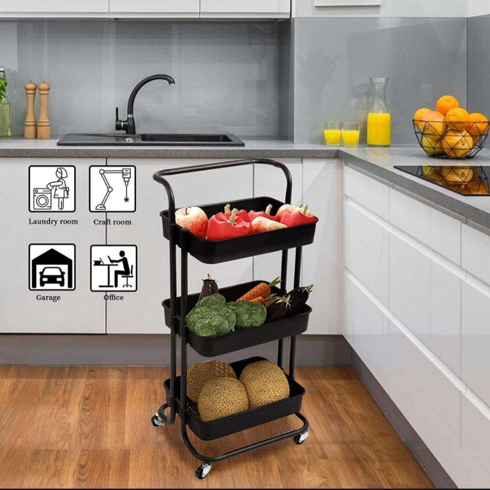 3 Tier Rolling Storage Trolley for Kitchen, Bathroom, Office, Workshop