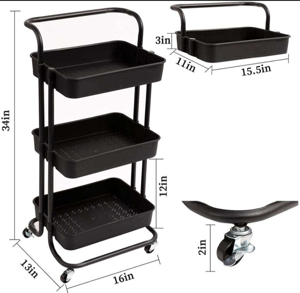 3 Tier Rolling Storage Trolley for Kitchen, Bathroom, Office, Workshop