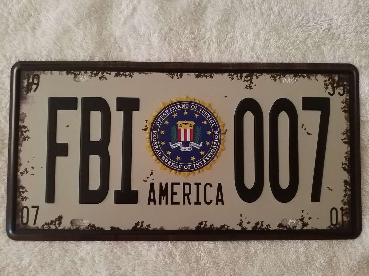 FBI 007 THEMED REPRODUCTION - EMBOSSED METAL HANGING SIGN "NUMBER PLATE"