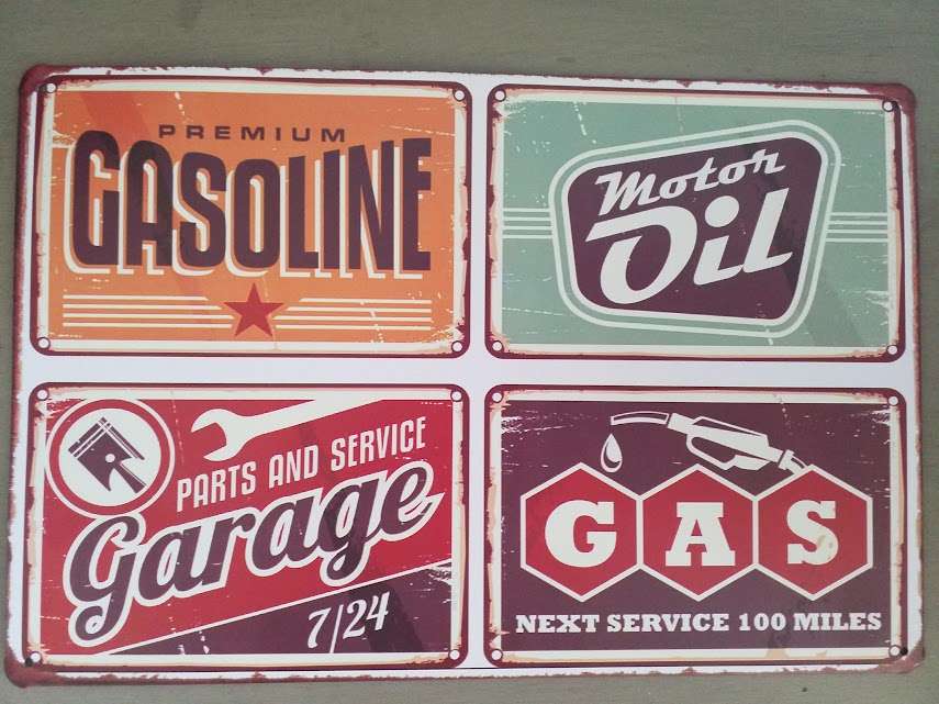 "GASOLINE, MOTOR OIL & GARAGE" MEMORABILIA REPRODUCTION - METAL HANGING SIGN (MEDIUM)