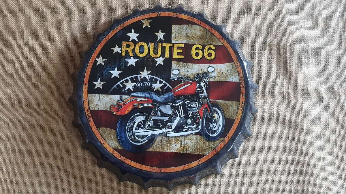 Route 66 V.S.A "Vintage Bike-Themed" Round Metal Cap Hanging Sign