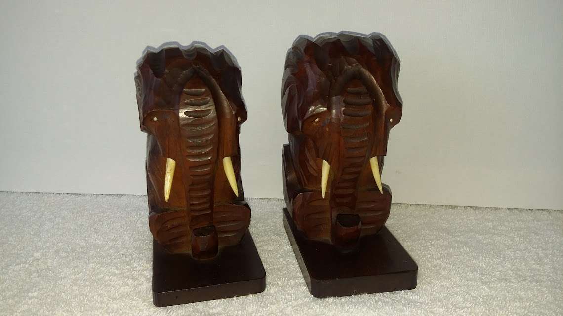 MADE IN JAPAN, 1950'S - VERY WELL HAND CARVED, WOODEN ELEPHANT BOOKENDS PAIR WITH GENUIE BONE TUSKS