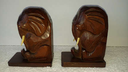 MADE IN JAPAN, 1950'S - VERY WELL HAND CARVED, WOODEN ELEPHANT BOOKENDS PAIR WITH GENUIE BONE TUSKS