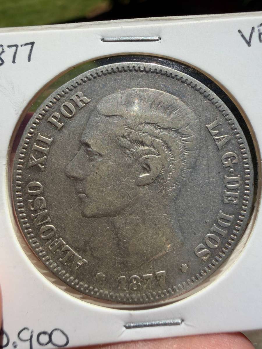 Spain  Alfonso XII  5 Pesetas  1877  Silver  VF (Very Fine)