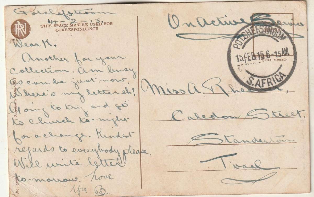 USED ON ACTIVE SERVICE POST CARD 1915