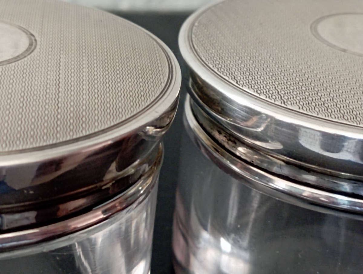 Birmingham hallmarked silver Lidded glass jars