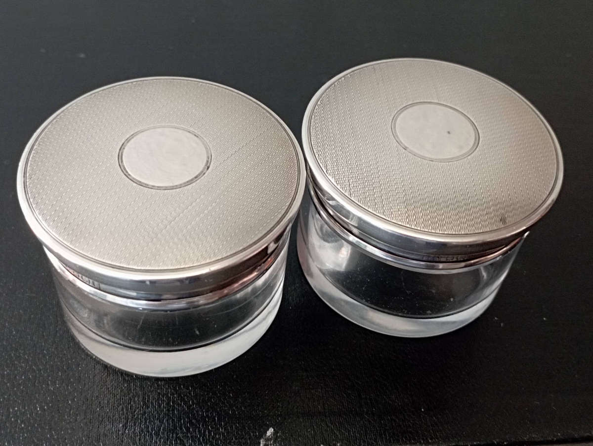 Birmingham hallmarked silver Lidded glass jars