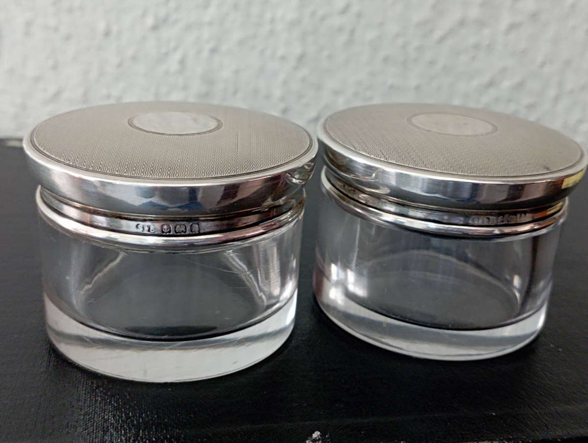 Birmingham hallmarked silver Lidded glass jars