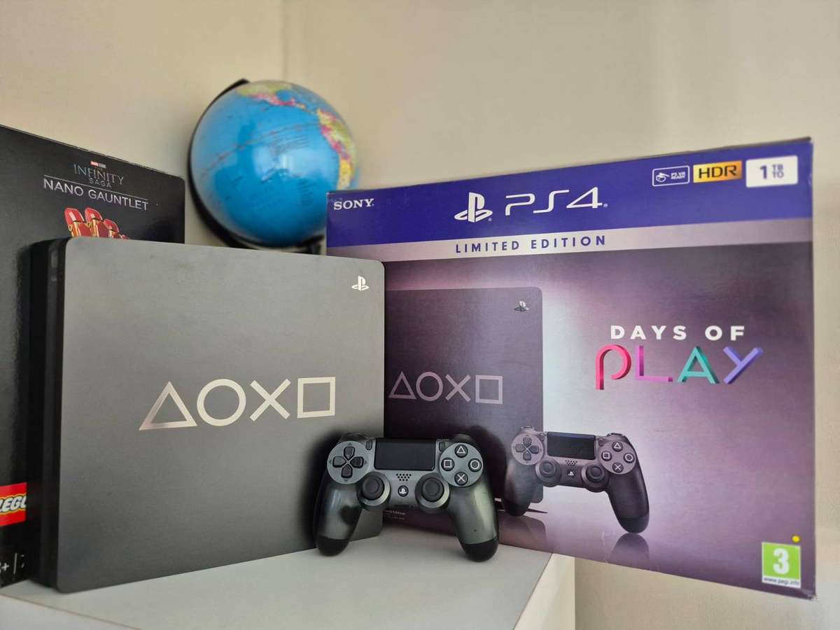 PS4 Slimline 1TB Days of Play Limited Edition Console Bundle, 1 Controller, 4 Games (Pre-owned)