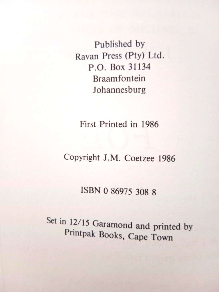 Foe, J.M. Coetzee [first edition, 1986]