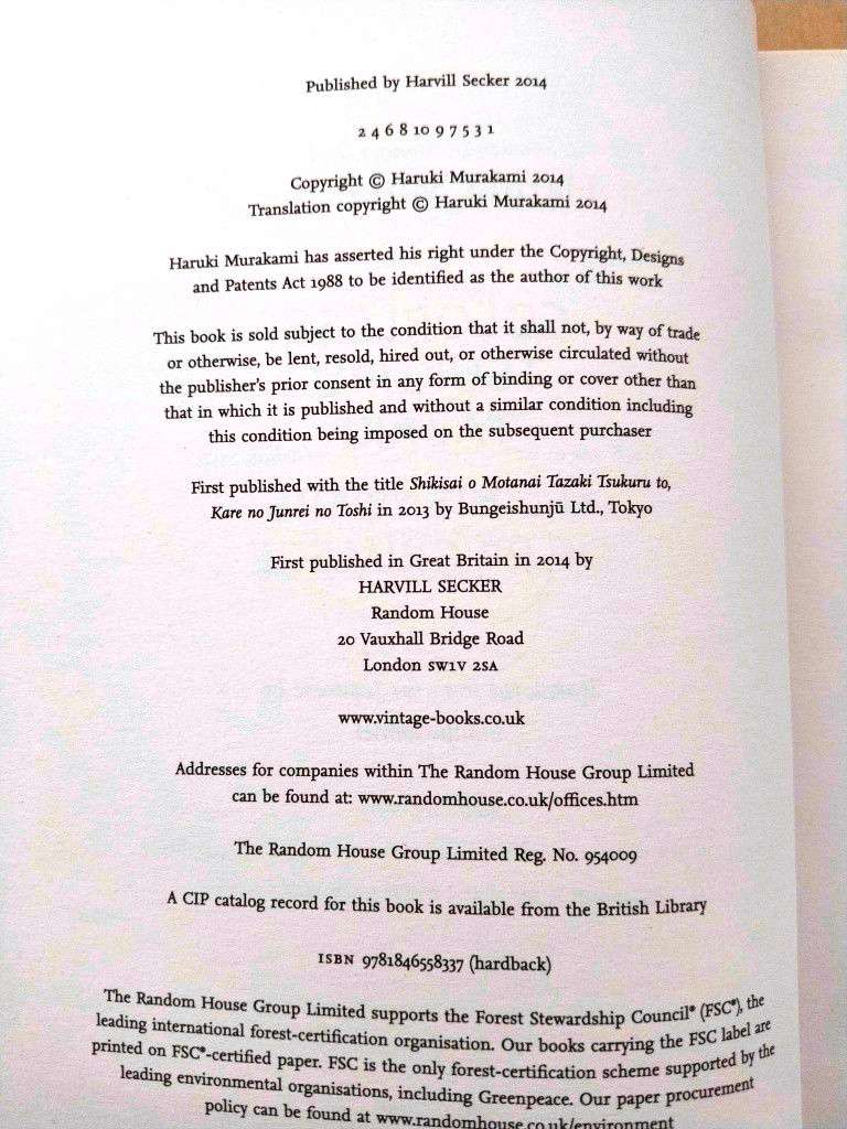 Colorless Tsukuru Tazaki and his Years of Pilgrimage, Haruki Murakami