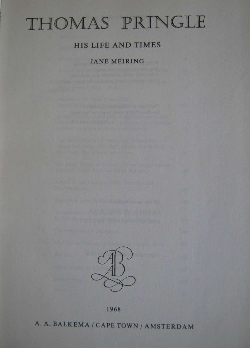 Thomas Pringle. His Life and Times Jane Meiring