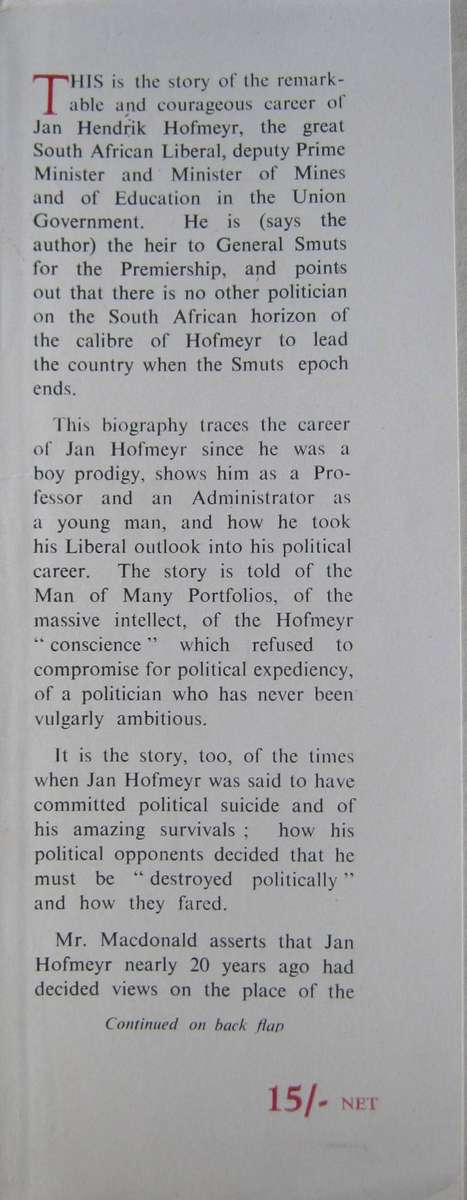 Jan Hofmeyr Heir to Smuts Tom Macdonald