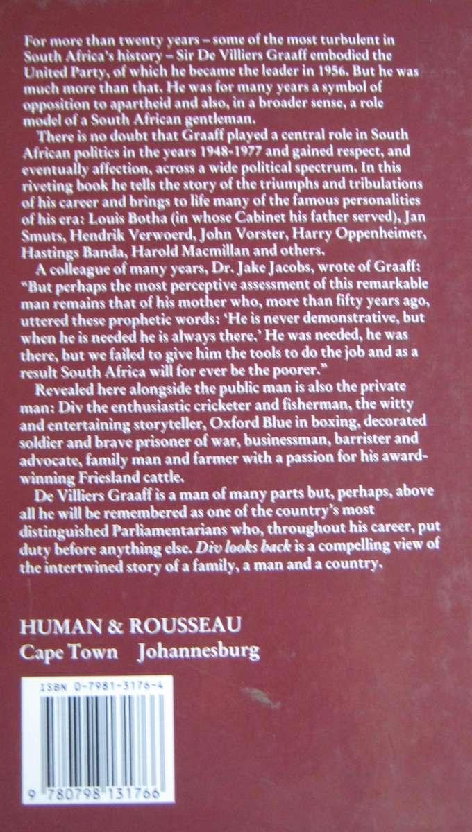 Div Looks Back The Memoirs of Sir De Villiers Graaf Sir De Villiers Graaf