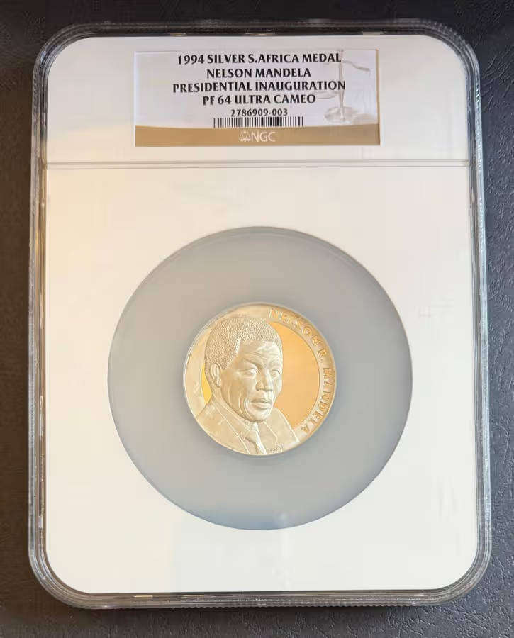 MASSIVE slabbed 5 OUNCE 999 SILVER Proof Mandela Inauguartion Medallion